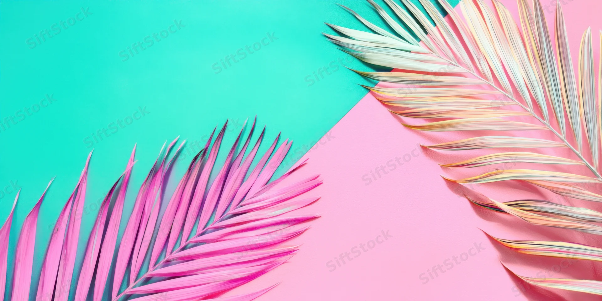 Palm leaves arranged on a split pastel background with teal and pink sections