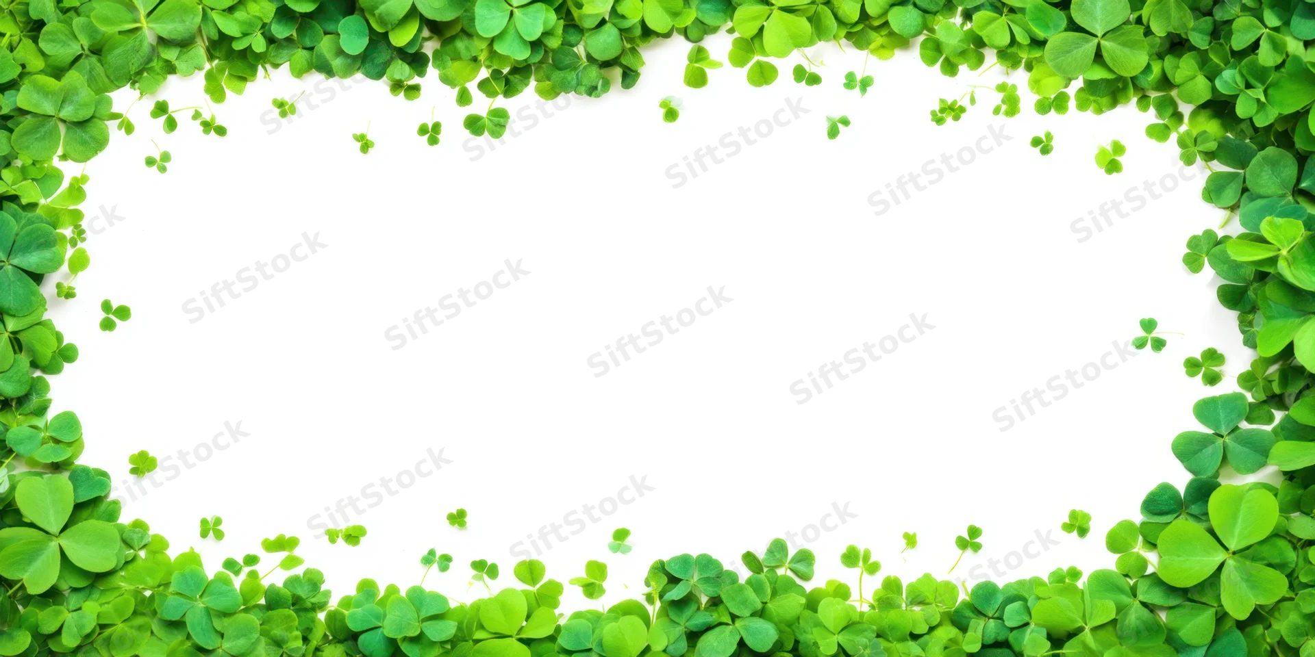 Green clover leaves arranged in a border frame around a white background