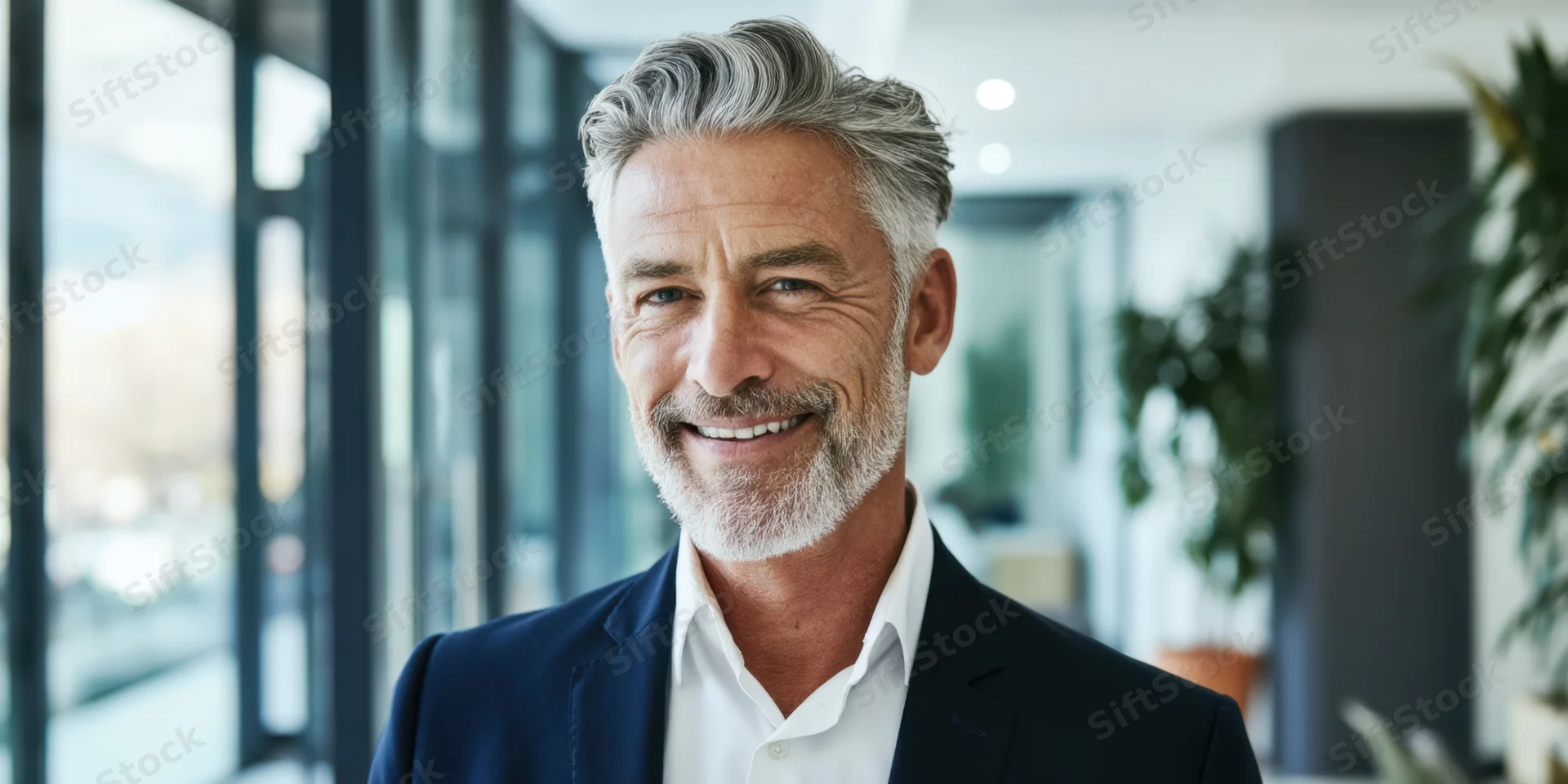 Middle-aged man smiling in office interior wearing suit and white shirt
