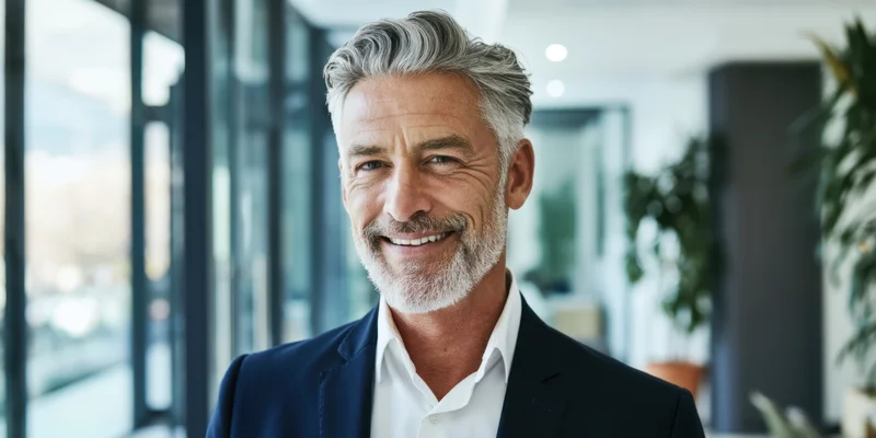 Middle-aged man smiling in office interior wearing suit and white shirt