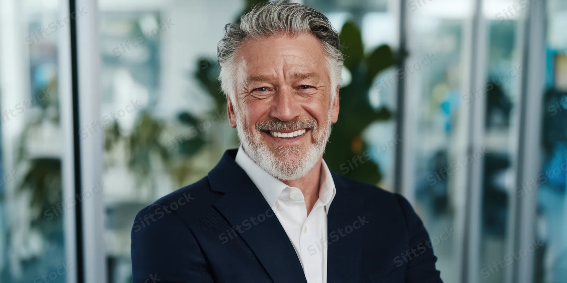 Middle-aged man in suit smiling in modern office interior
