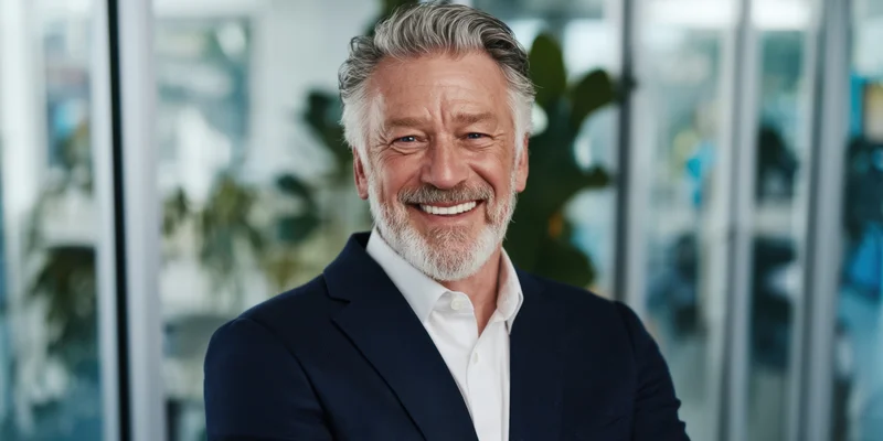 Middle-aged man in suit smiling in modern office interior