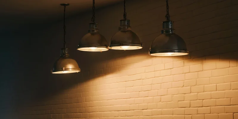Four industrial pendant spotlights hanging from ceiling casting warm glow on brick wall
