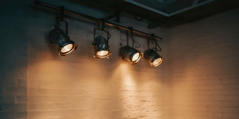 Four industrial spotlights hanging in a row on a track above a white brick wall, casting warm beams of light