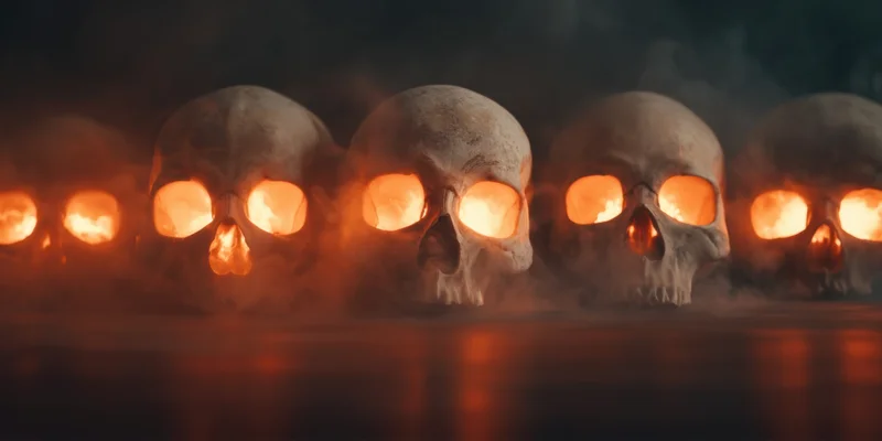 Row of skulls with glowing orange eyes in smoky dim lighting
