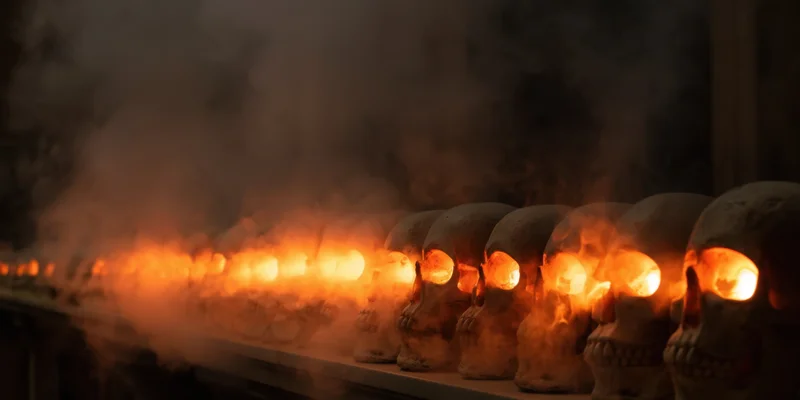 Row of skulls with glowing eyes in smoky dim light on a shelf