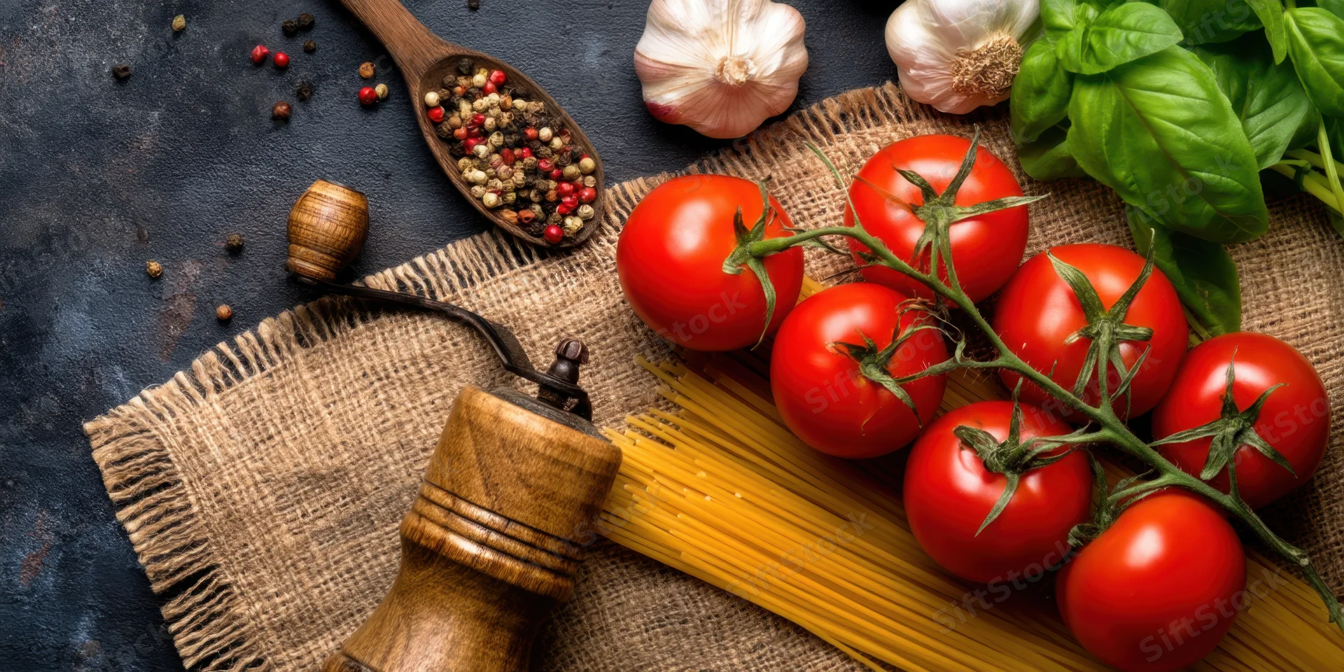 Tomatoes on the vine with spaghetti, garlic, basil, pepper, and wooden spoon arranged on burlap and dark surface