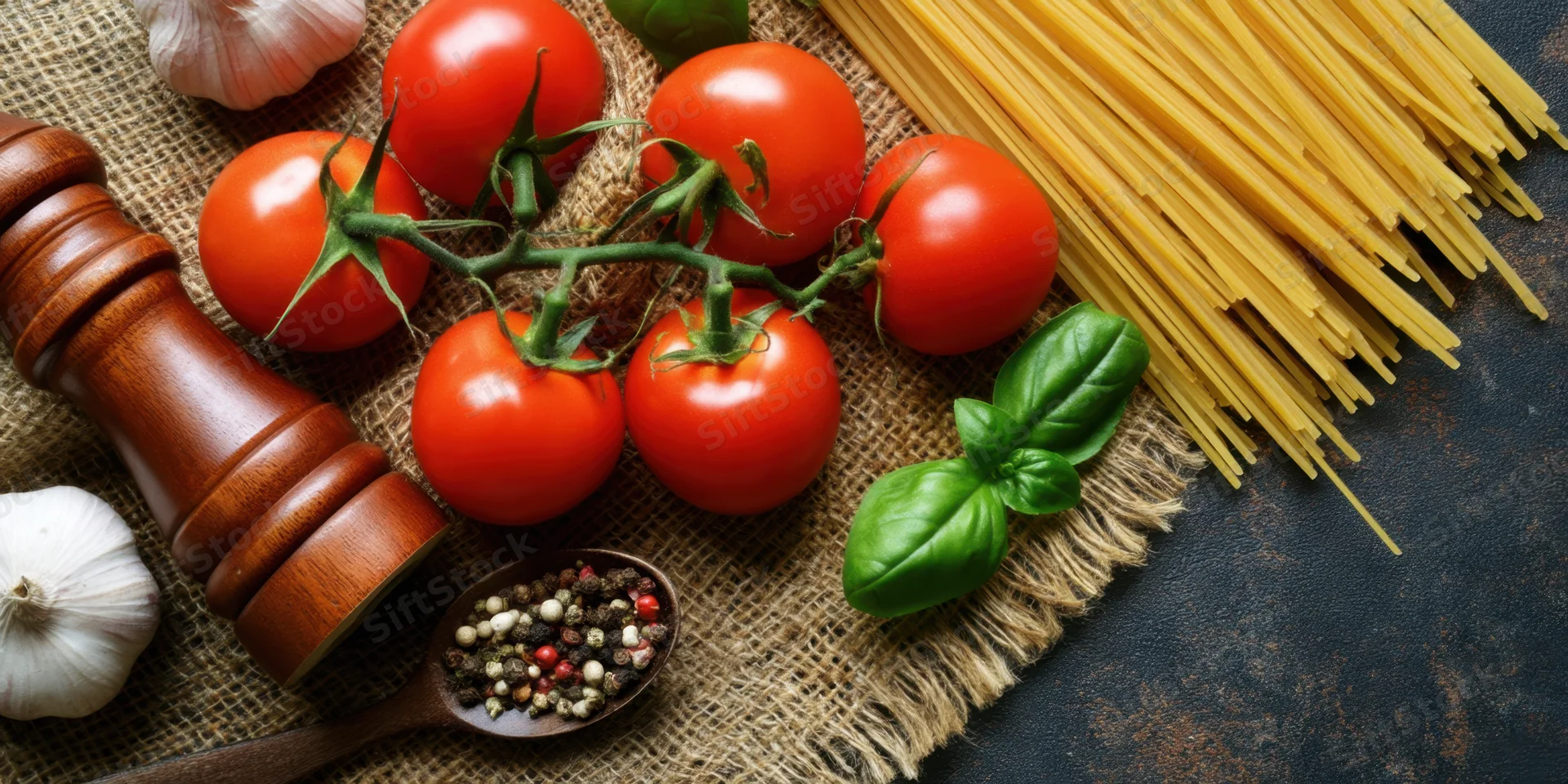 Tomatoes on the vine with spaghetti, basil, garlic, pepper and spoon arranged on burlap
