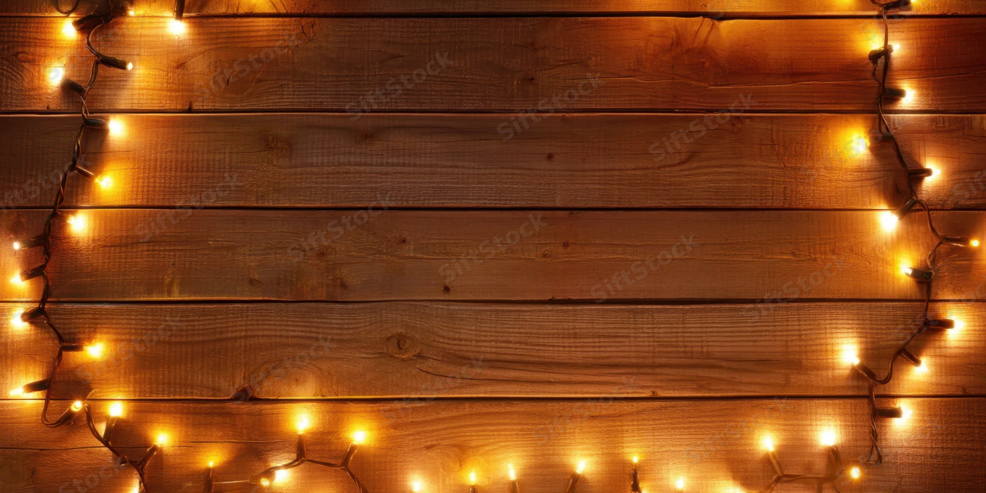Warm string lights framing a rustic wooden surface with copyspace in center