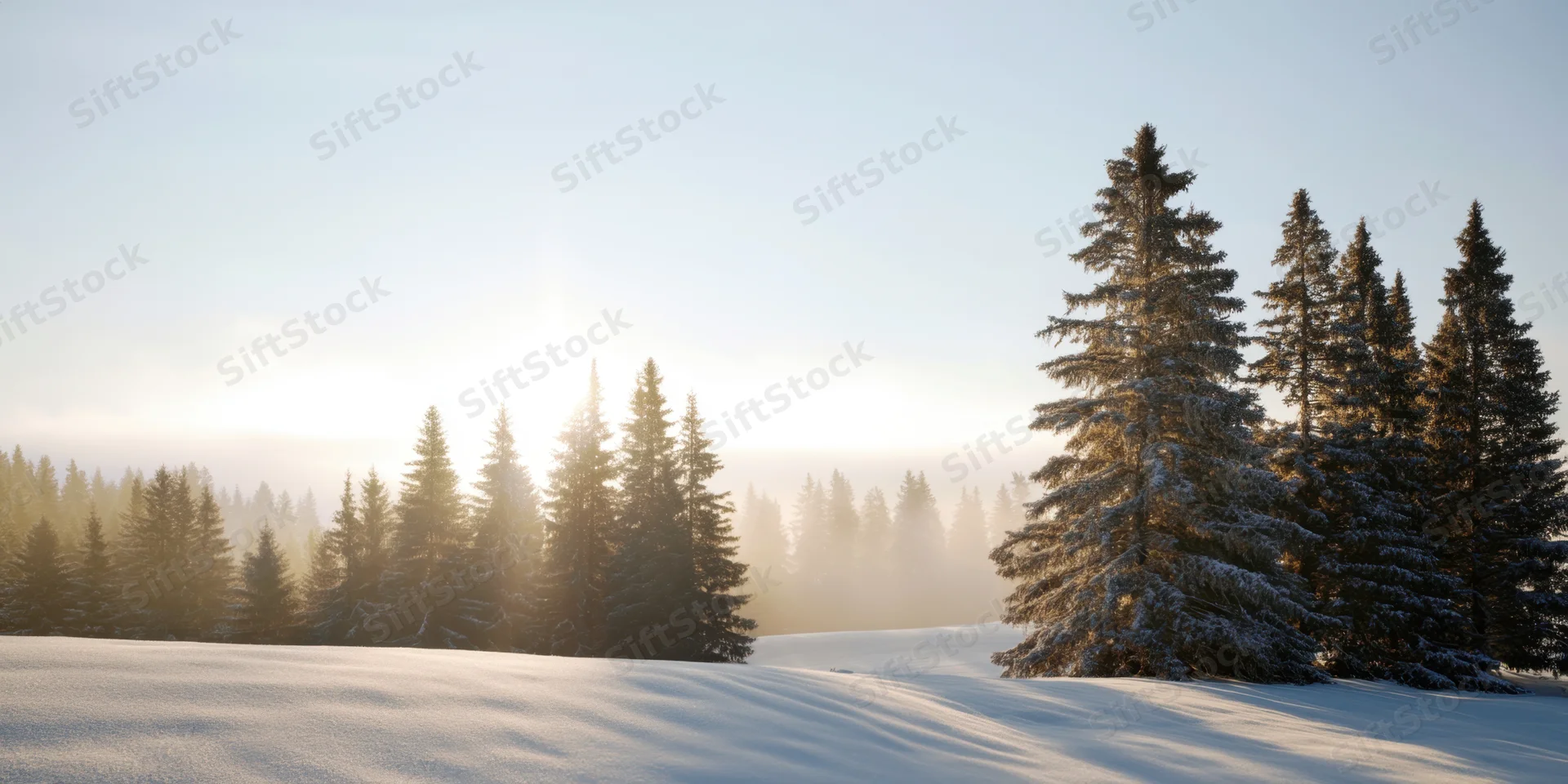 Snow-covered field with pine trees in a misty winter morning landscape