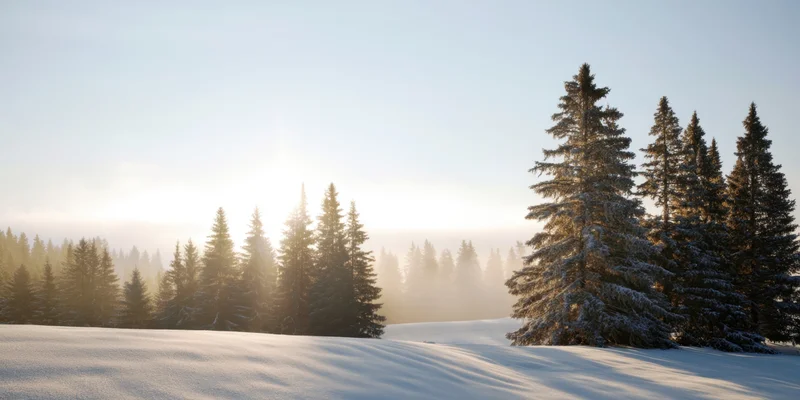 Snow-covered field with pine trees in a misty winter morning landscape