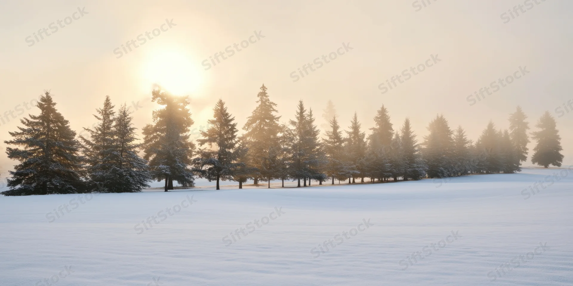 Snow-covered field with a line of evergreen trees at sunrise