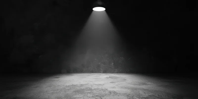 Empty stage illuminated by a single overhead spotlight in a dark theater space