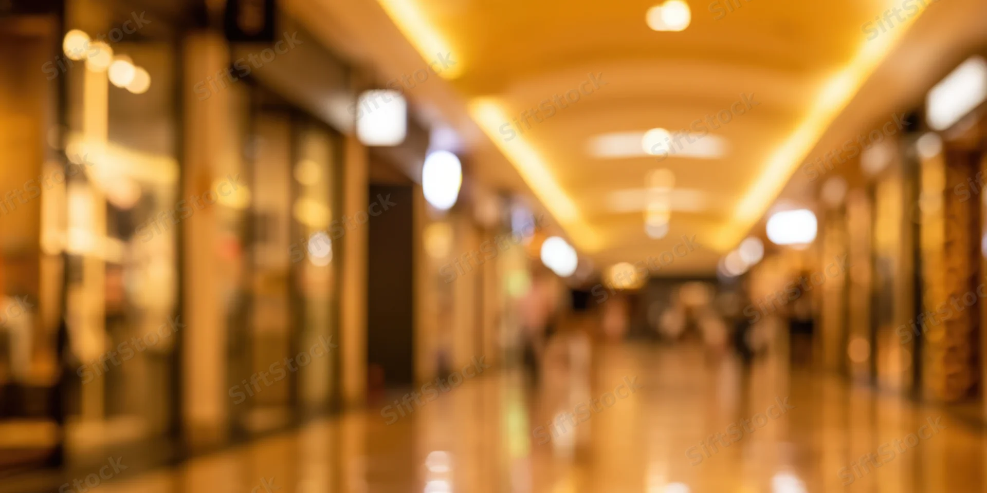 Blurred view of a long indoor shopping mall corridor with polished reflective floors and warm ceiling lights