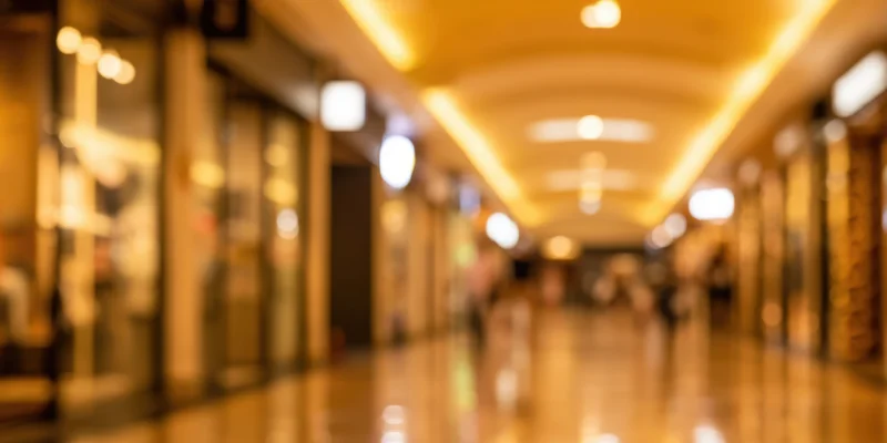 Blurred view of a long indoor shopping mall corridor with polished reflective floors and warm ceiling lights