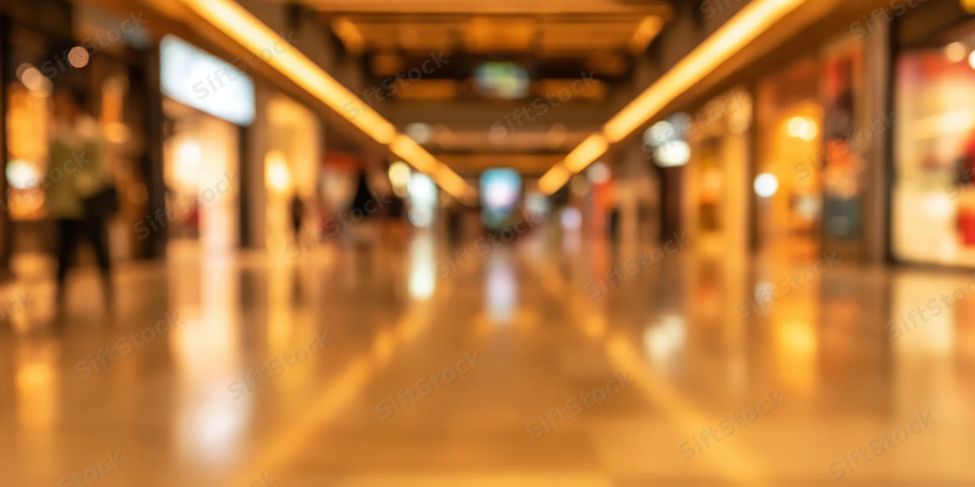 Blurred view of a shopping mall corridor with polished reflective floors and warm ceiling lights