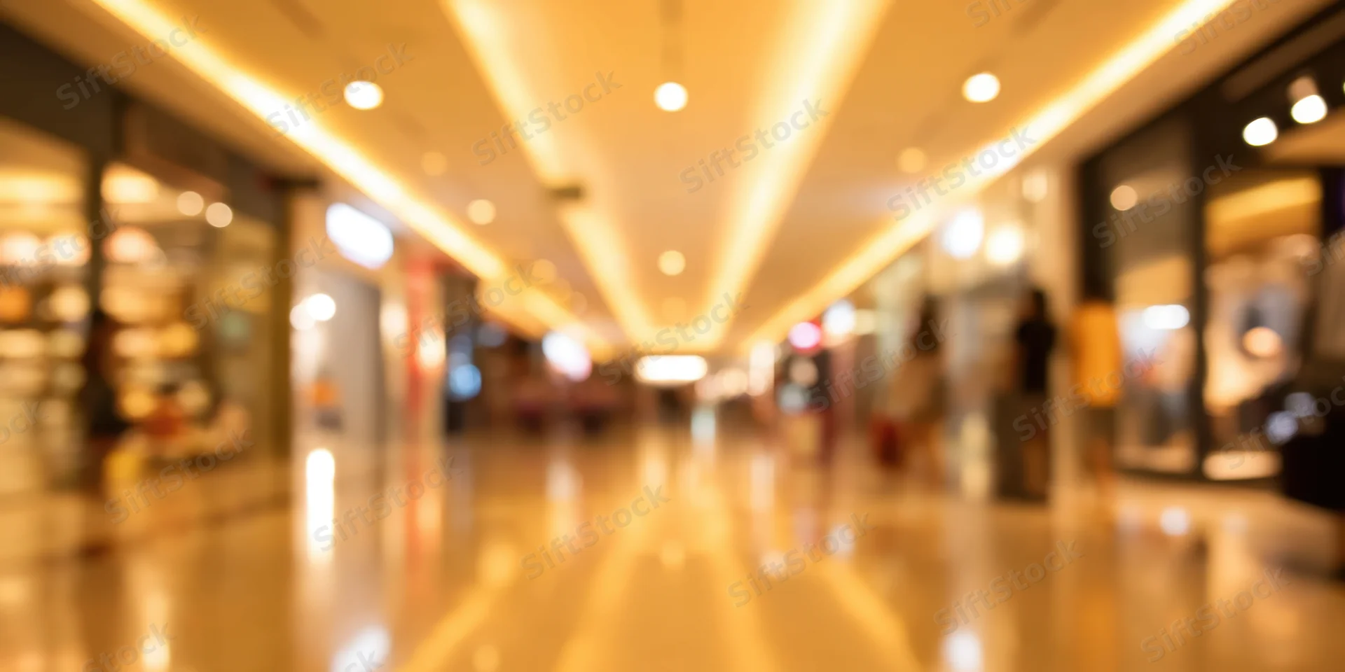 Blurred view of a shopping mall corridor with polished reflective floors and warm ceiling lights