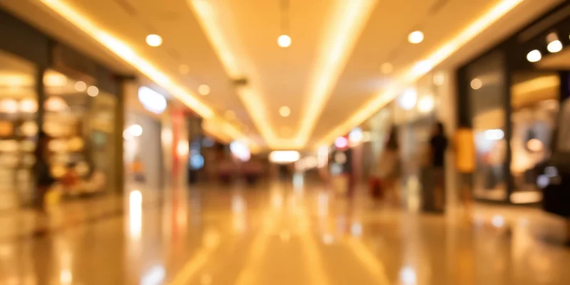Blurred view of a shopping mall corridor with polished reflective floors and warm ceiling lights
