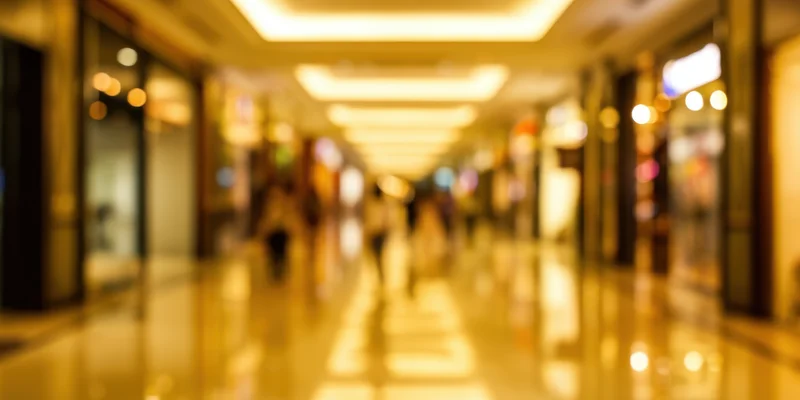 Blurred view of a shopping mall corridor with polished floors and warm lighting, showing people walking in the distance