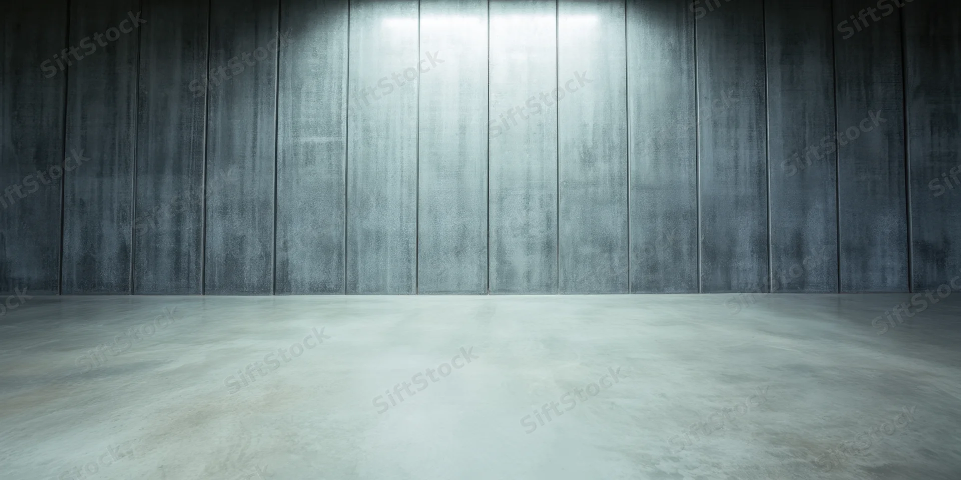 Empty concrete interior with smooth floor and vertical wall panels under focused lighting