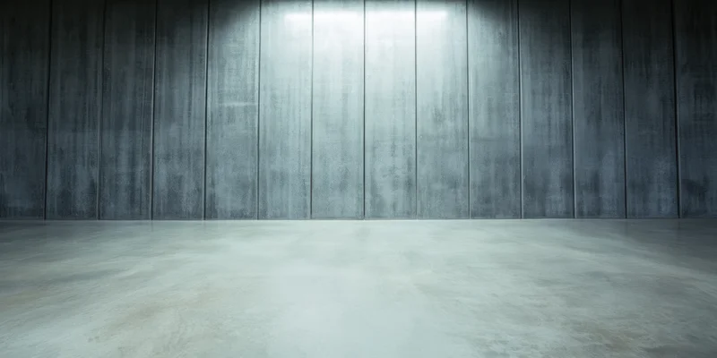 Empty concrete interior with smooth floor and vertical wall panels under focused lighting