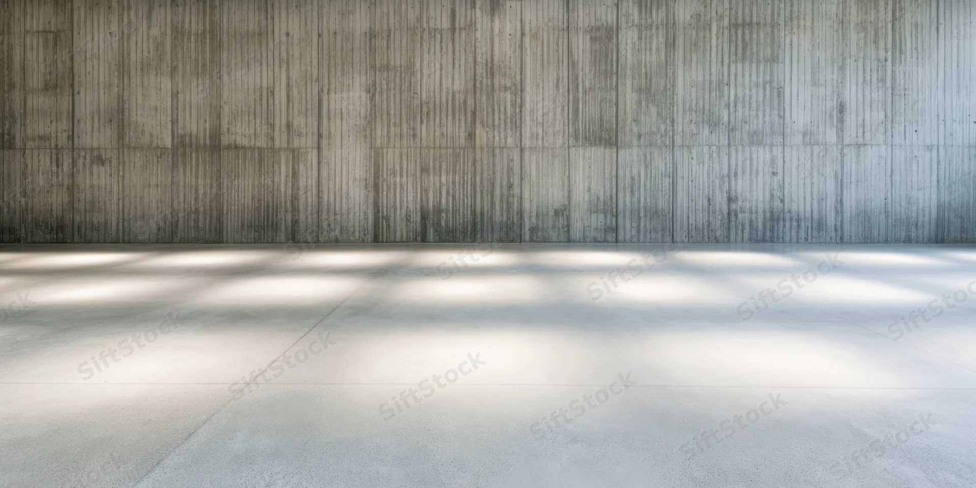 Empty concrete interior with smooth wall and floor, natural light casting shadows across the space