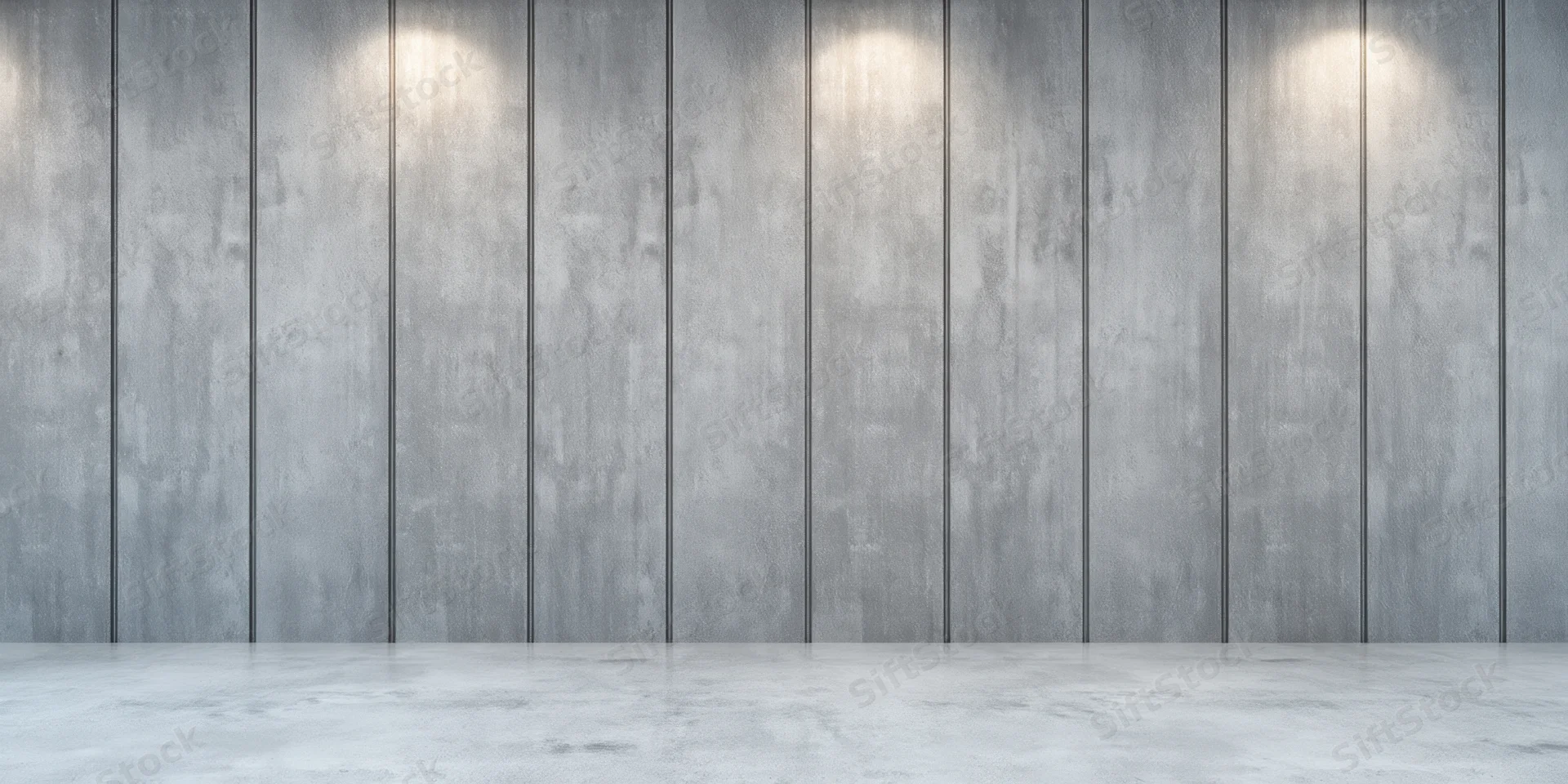 Empty concrete interior with vertical wall panels and spotlighted floor