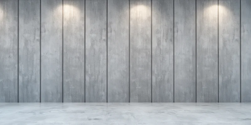 Empty concrete interior with vertical wall panels and spotlighted floor