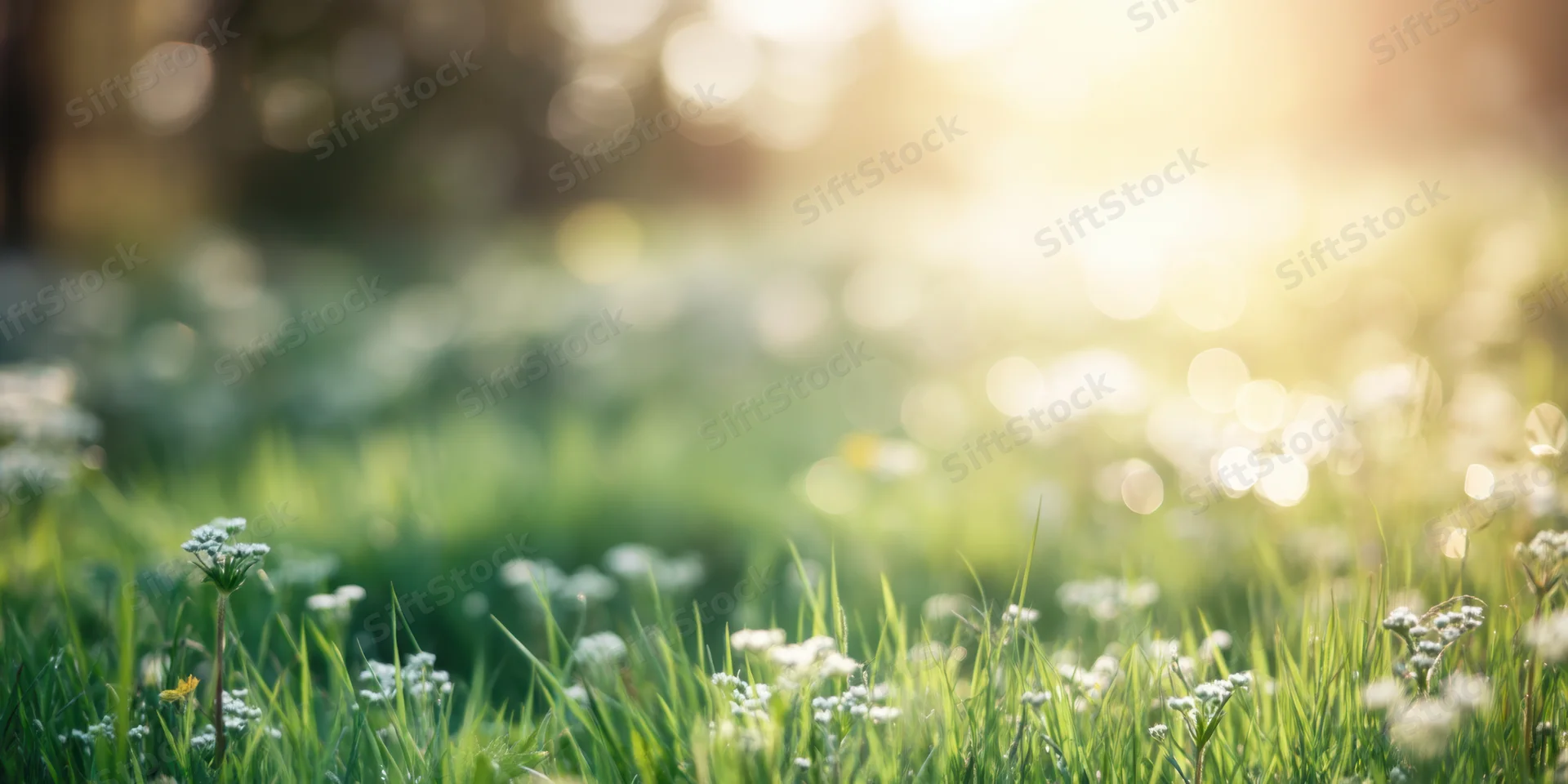 Sunlit meadow with white wildflowers and soft green grass under warm bokeh light