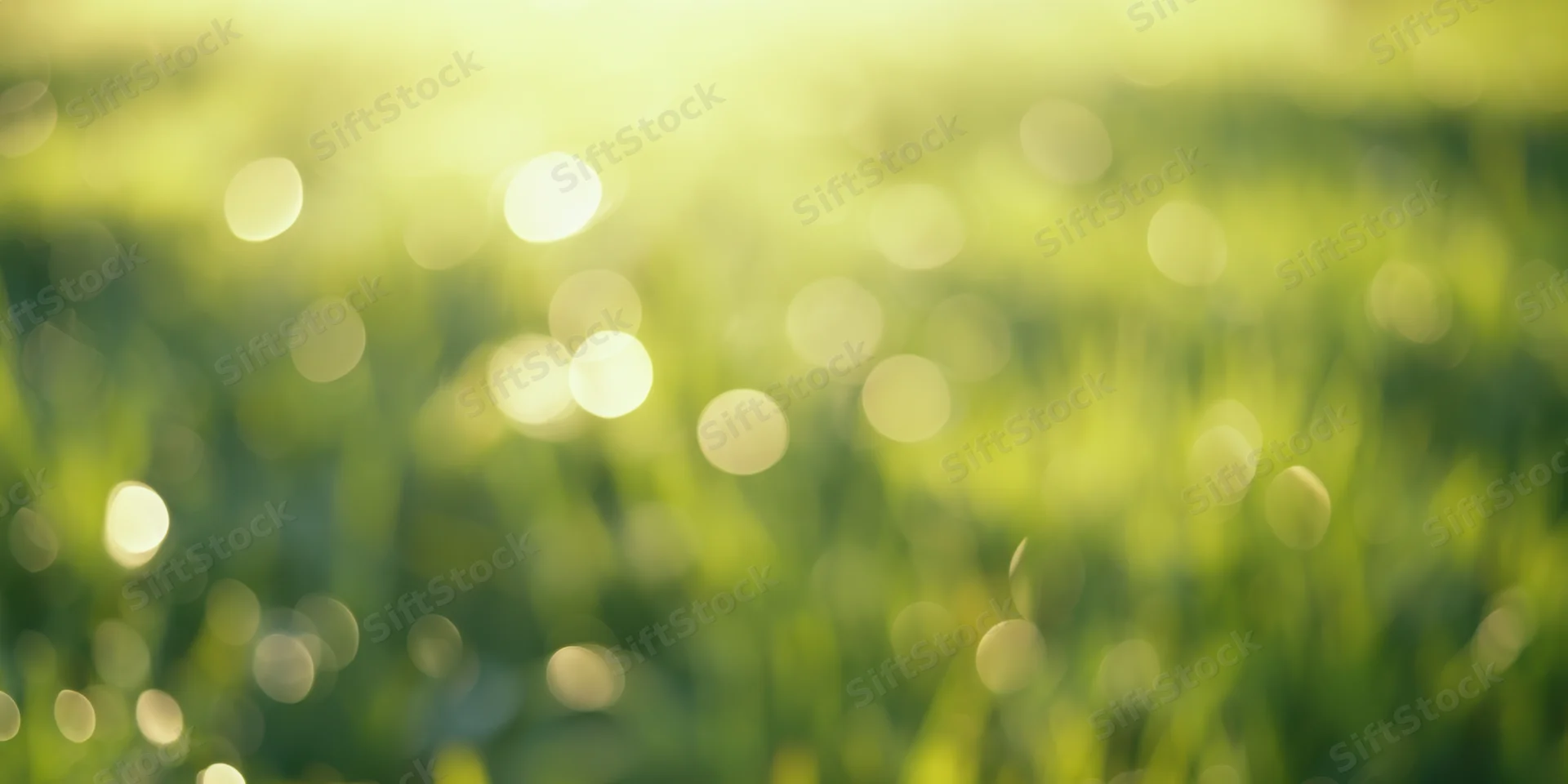 Sunlit blurred meadow with soft green tones and warm bokeh lights