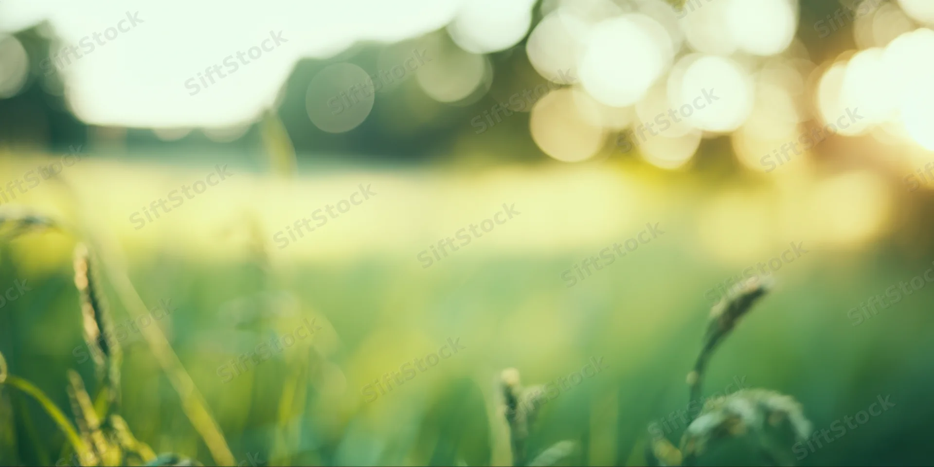 Sunlit grass in a blurred meadow with warm bokeh background