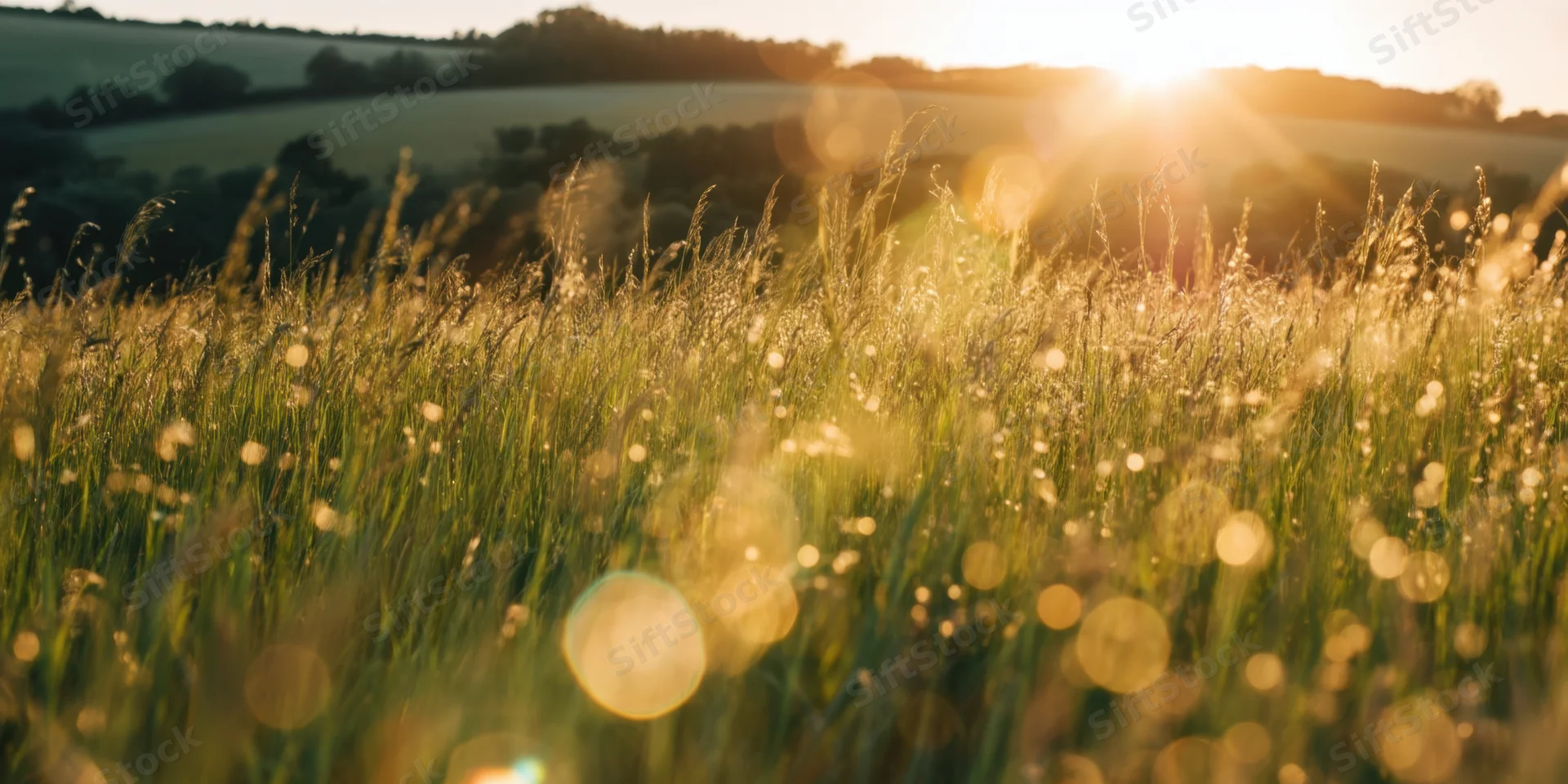 Tall grasses in a sunlit field during golden hour with lens flare and bokeh effects