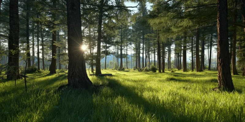 Sunlit forest clearing with tall ancient trees and green grass under morning light