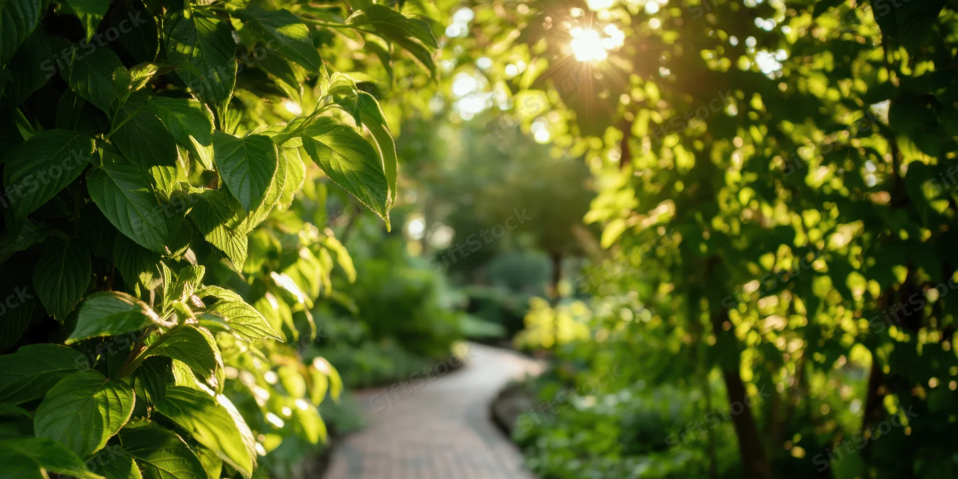 Winding garden path through lush green foliage with sunlight filtering through trees