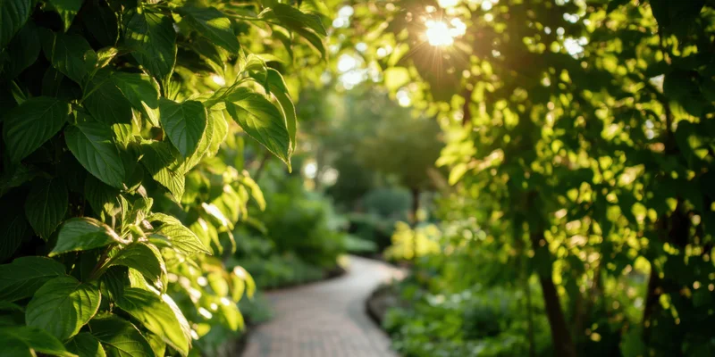 Winding garden path through lush green foliage with sunlight filtering through trees