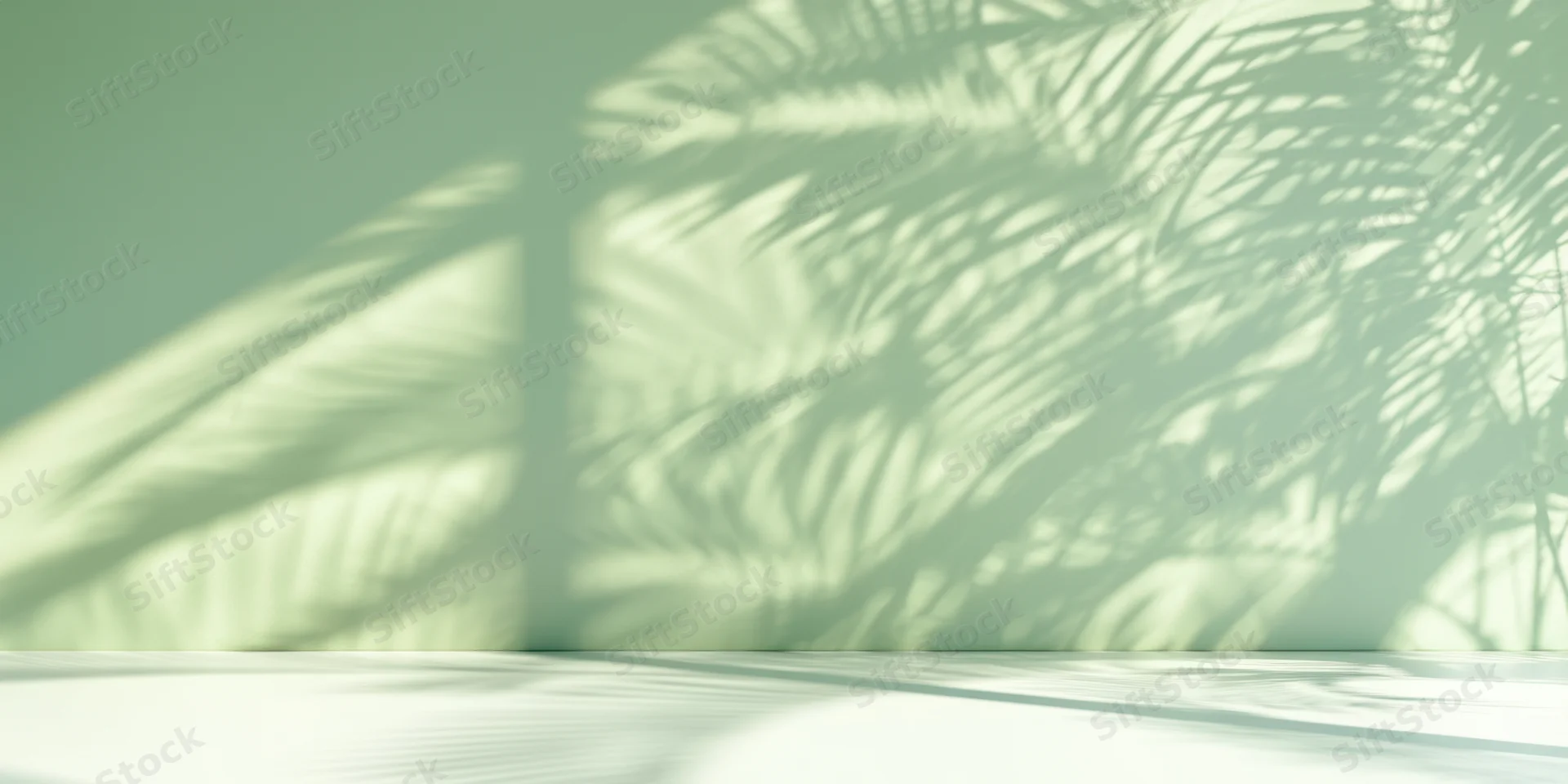 Palm leaf shadows cast on a pale green wall and white floor in a sunlit interior