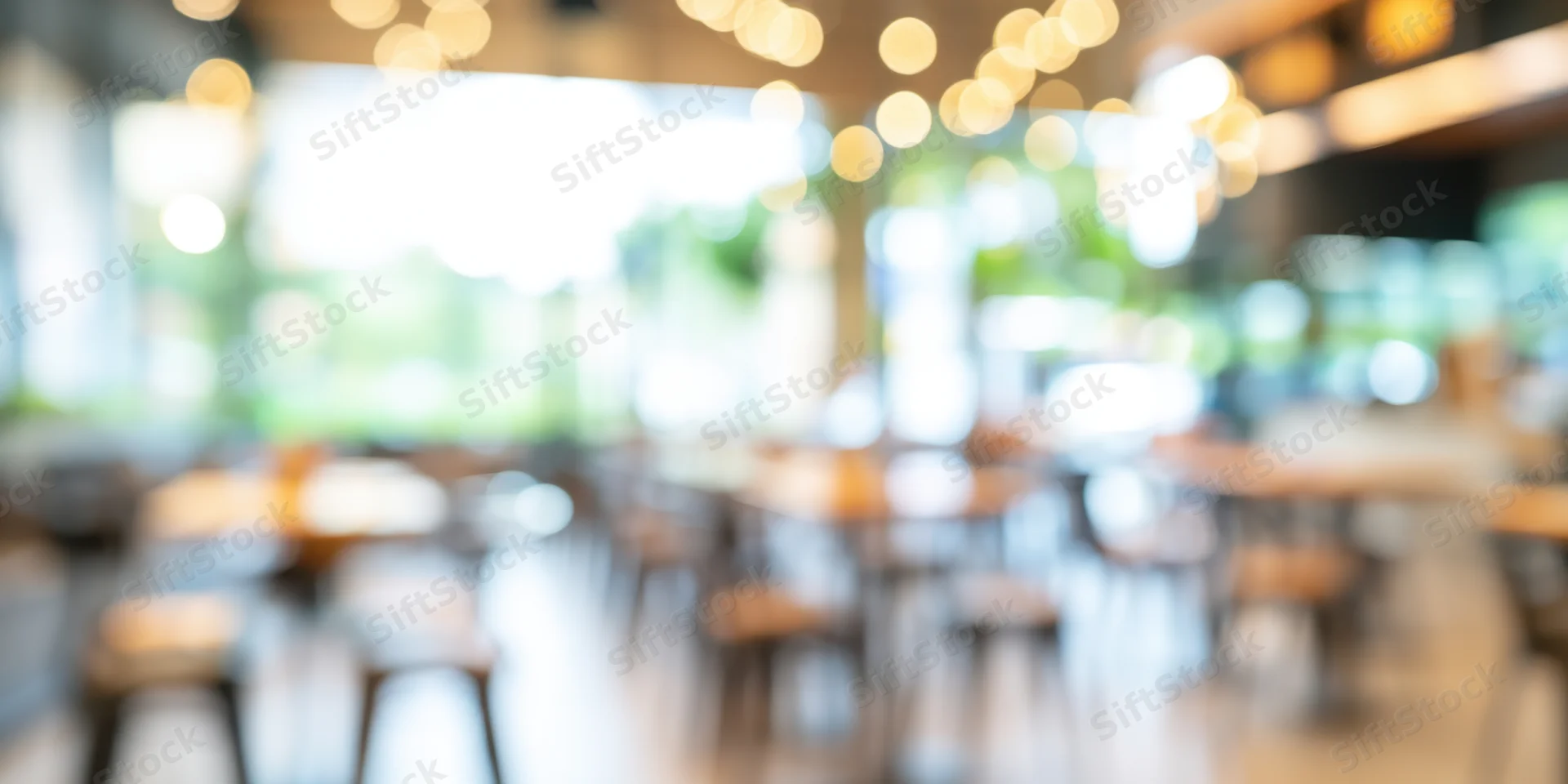Blurred interior of a modern cafe with tables and chairs under warm ambient lighting and natural daylight from windows