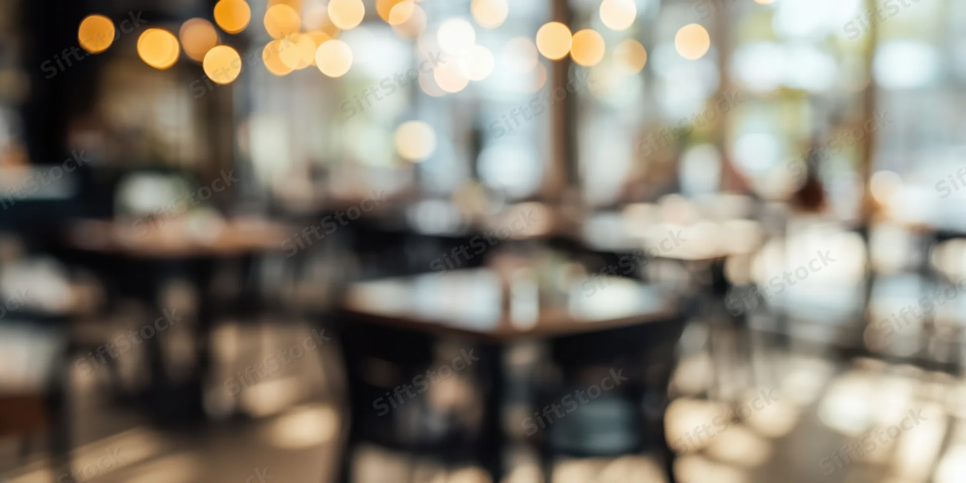 Blurred interior of a modern cafe with tables and chairs under warm ambient lighting
