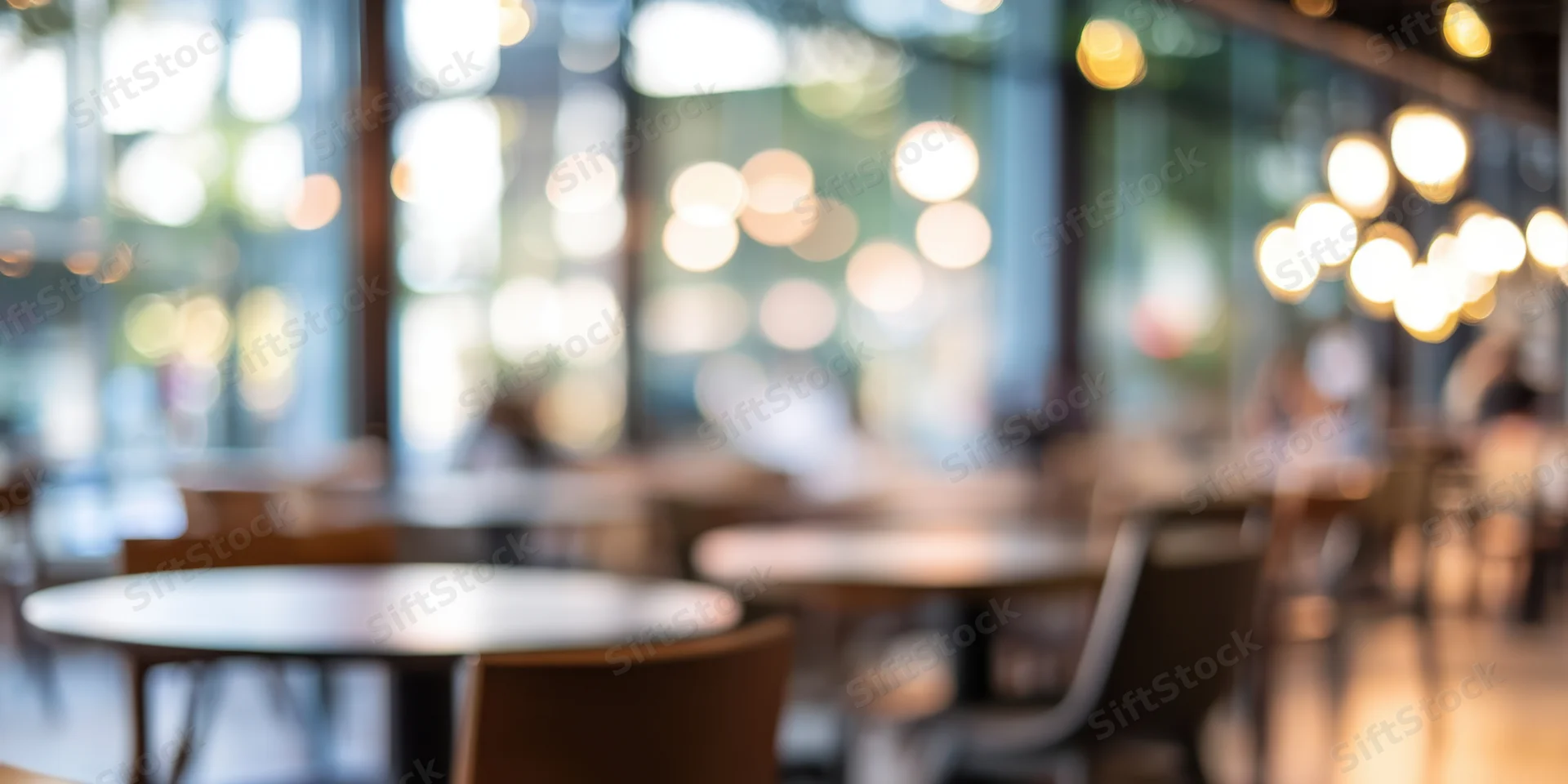 Blurred interior of a modern cafe with tables and chairs in soft focus, sunlit through windows