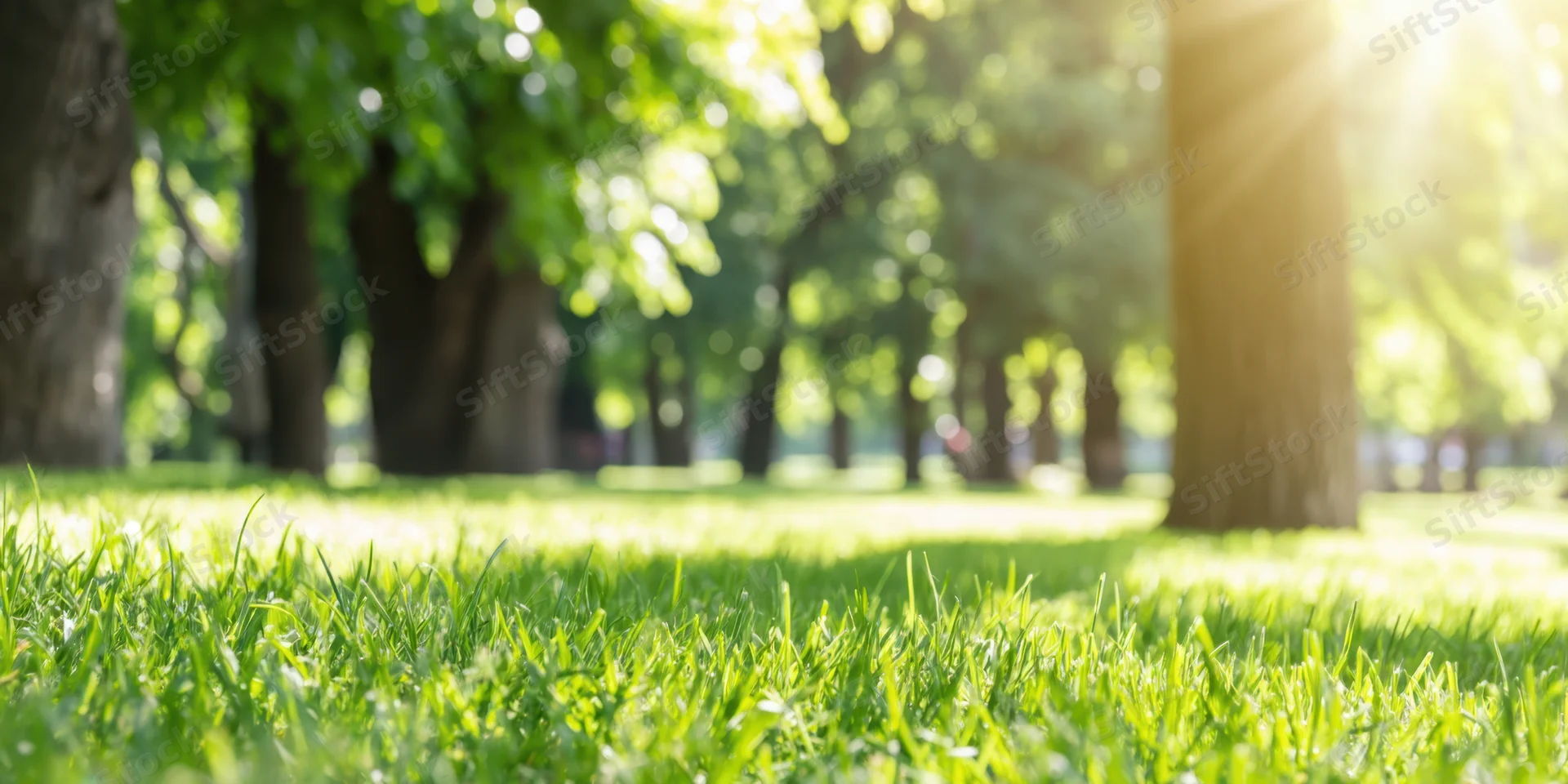 Sunlit green grass in a park with tall trees and dappled shade