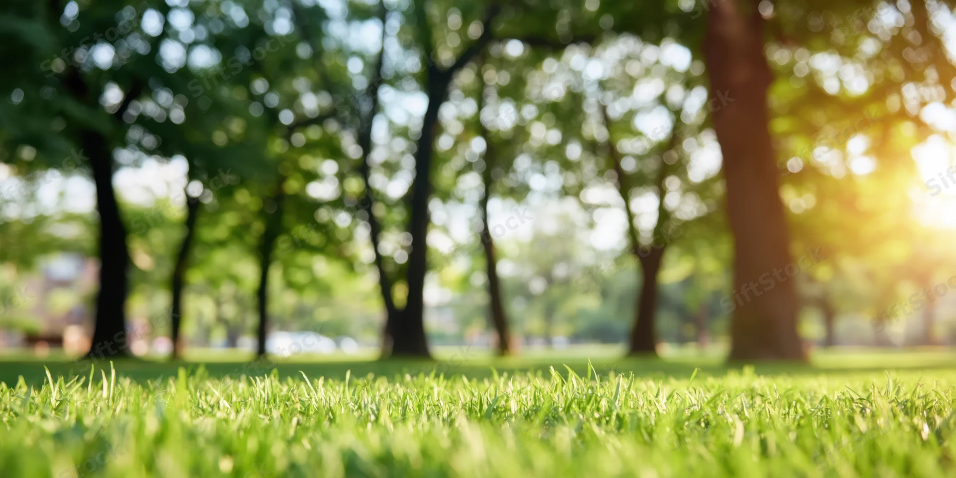 Sunlit green grass in a park with tall trees in soft focus