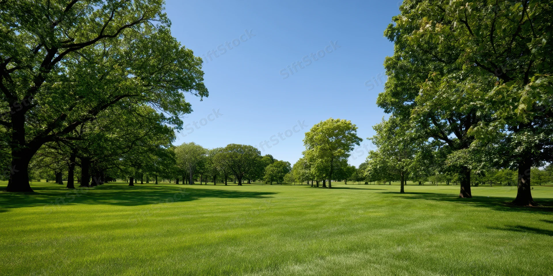 Broad expanse of emerald grass with scattered trees in a sunlit park