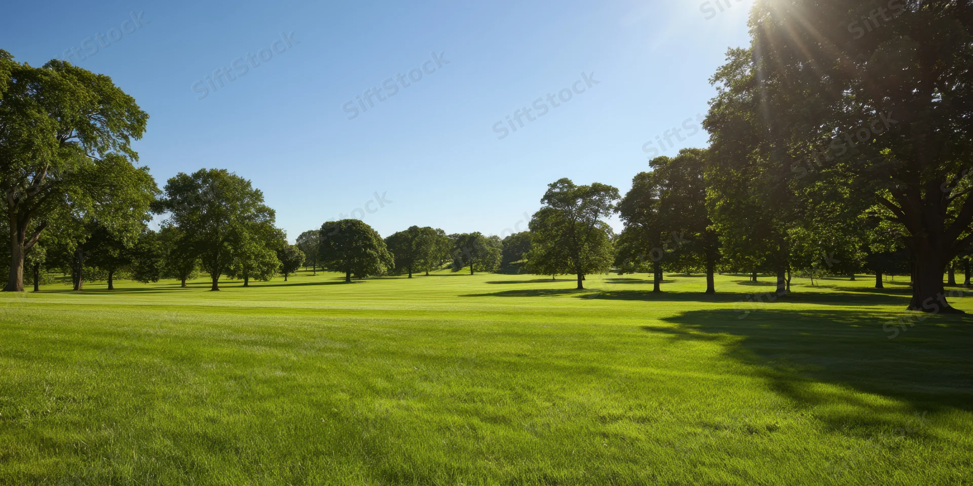 Sunlit park with broad expanse of green grass and scattered trees