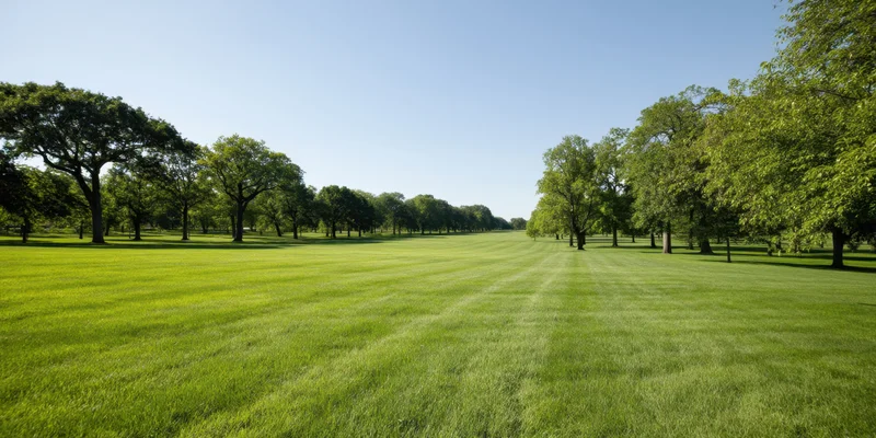 Broad expanse of emerald grass with scattered trees under clear sky in a park