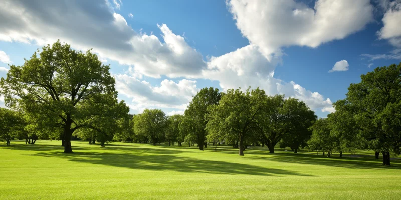 Sunlit park with vibrant green lawn and scattered mature trees under blue sky with clouds
