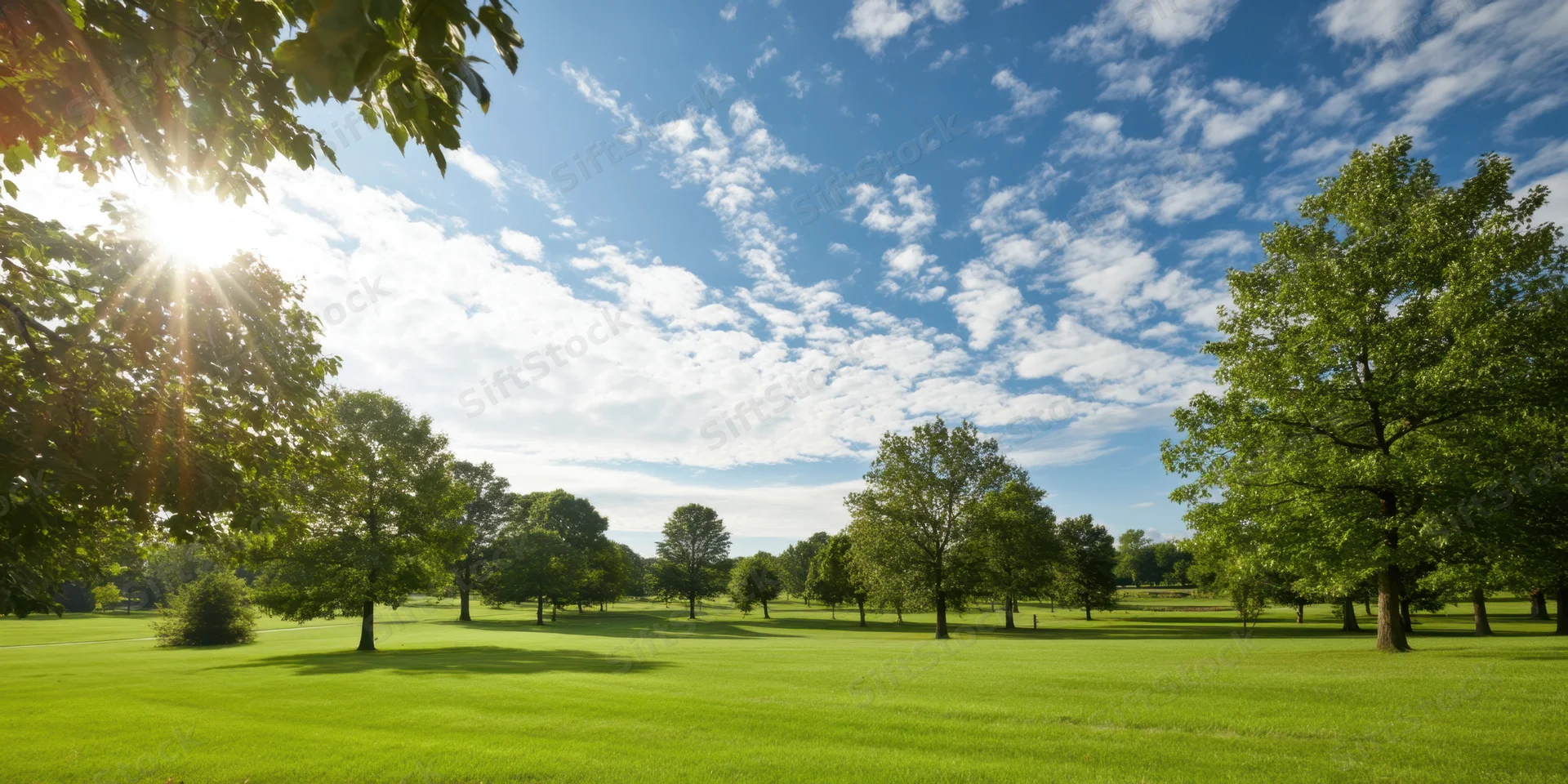 Sunlit park with vibrant green lawn and scattered mature trees under blue sky with clouds