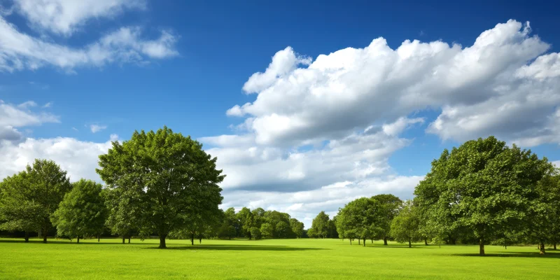 Wide green lawn with scattered mature trees under a blue sky with white clouds in a park