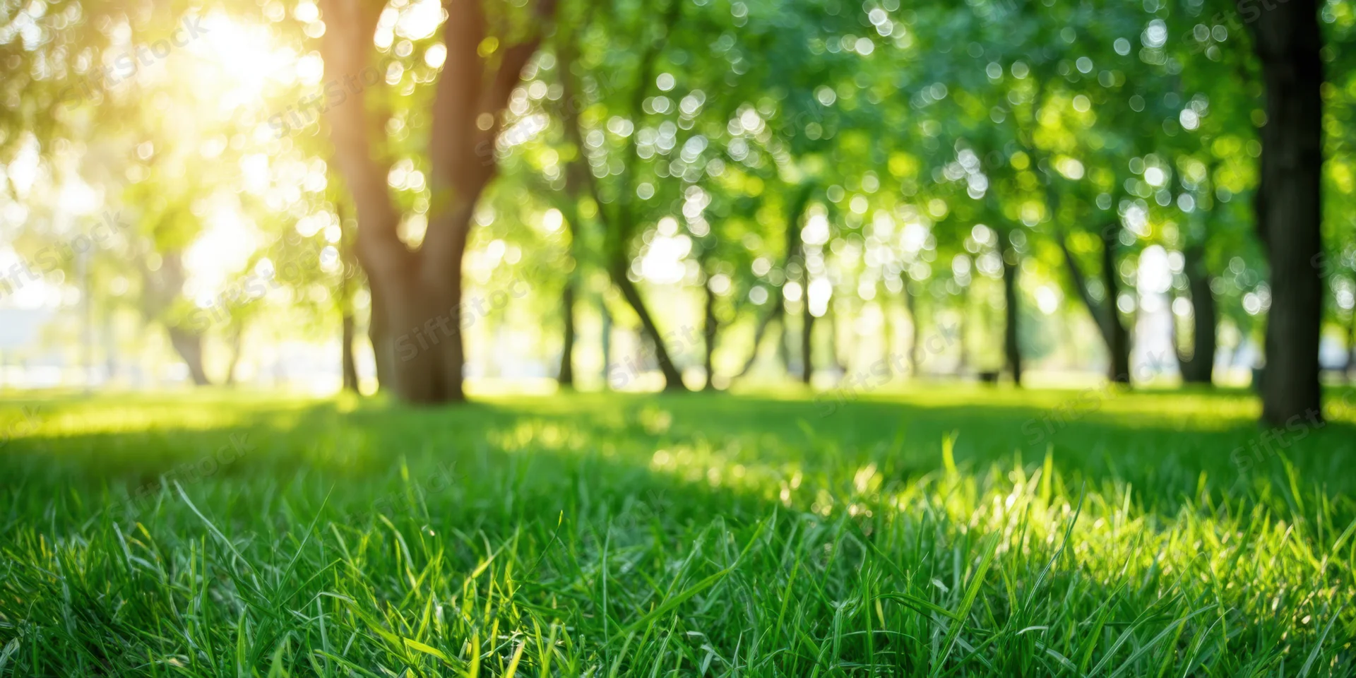 Sunlit green grass in a park with tall leafy trees in the background