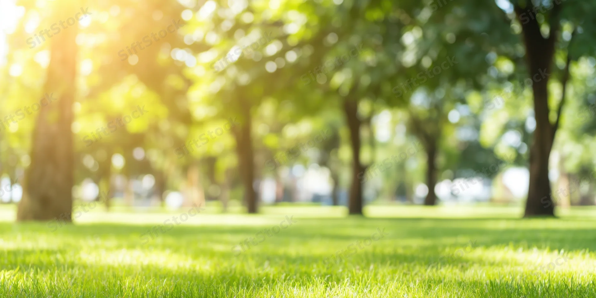 Sunlit green grass in a park with tall leafy trees providing shade