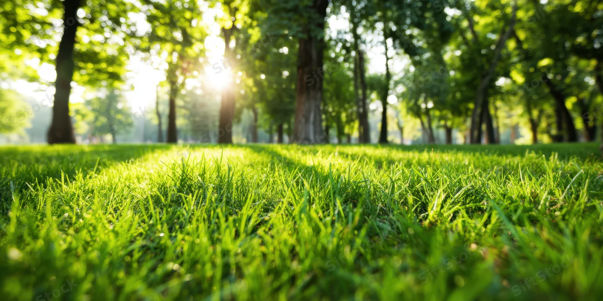 Vibrant green grass in a sunlit park with tall leafy trees in the background
